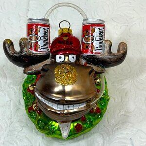 Jingle Beer Moose Head in Wreath Glitter Beer Funnel Glass Christmas Ornament 4"